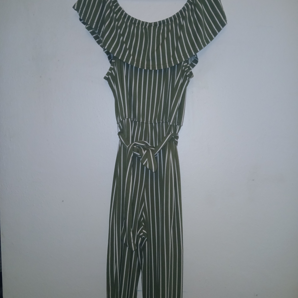 Striped Off-Shoulder Jumpsuit in Olive Green